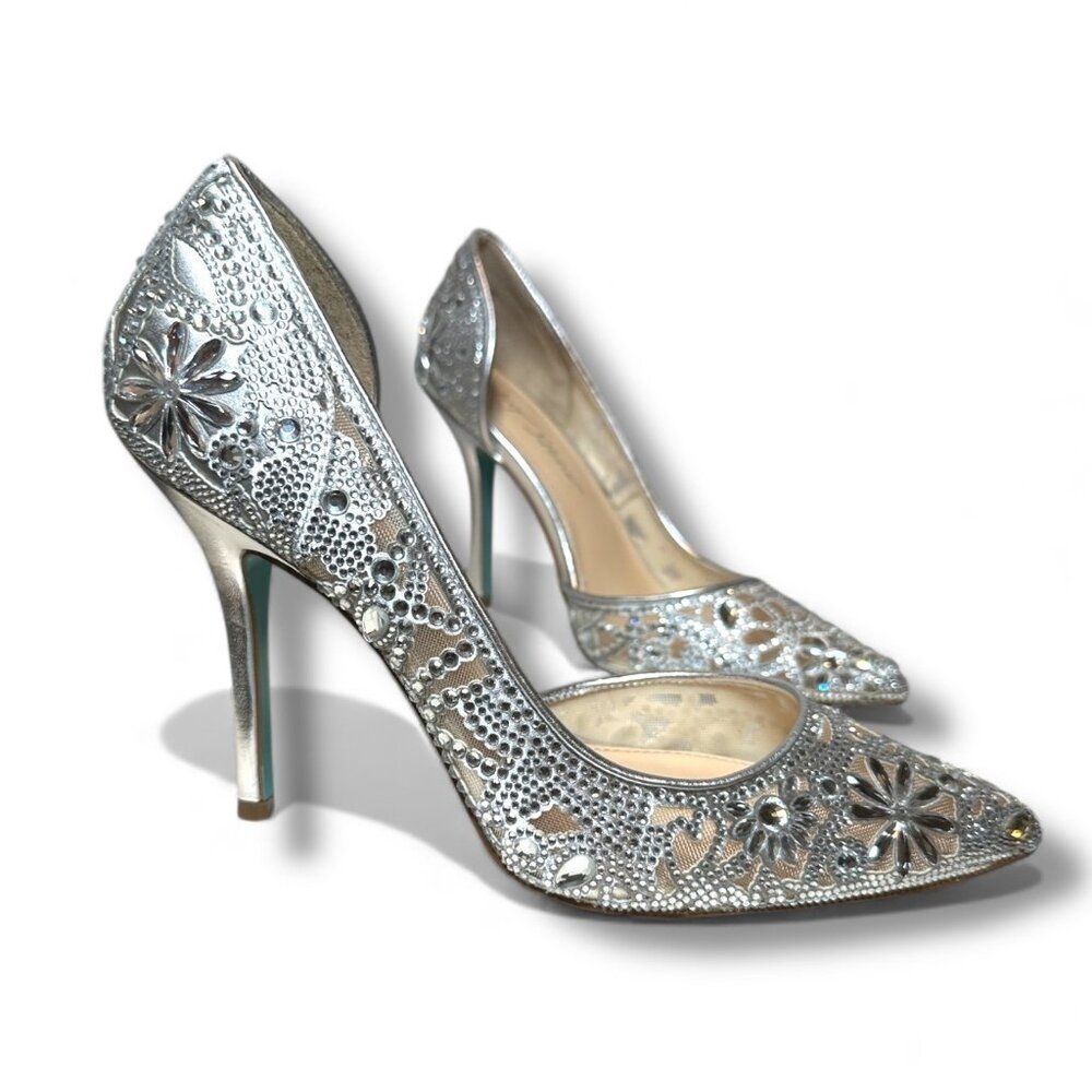 Betsey Johnson Embellished SB-Chic Silver Rhinestone D'Orsay Pumps Heels Size 10 - Picture 13 of 15